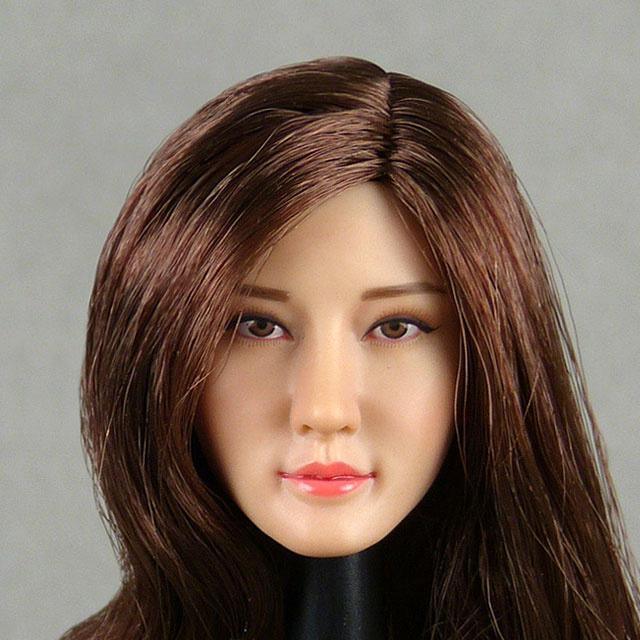 Flirty Girl 1/6 Scale Female Asian Head Sculpt (Pale Suntan) With Rooted Brunette Hair